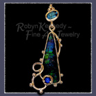 14 Karat Yellow Gold, Ammolite, Blue Sapphire and Sky Blue Topaz 'Rhapsody in Blue' Pendant Image