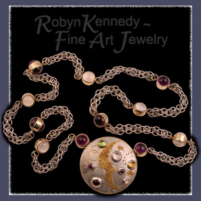 24 and 10 Karat Yellow Gold, Sterling Silver, Amethyst, Moonstone, Garnet, Peridot and Citrine Brooch with Art Deco Link Handmade Chain Image