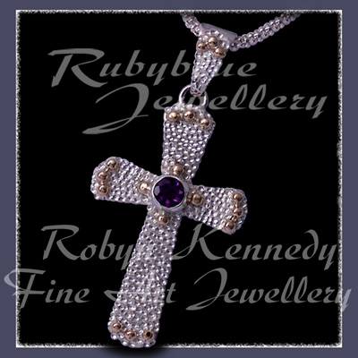 10 Karat Yellow Gold, AA Amethyst & Sterlium 'Divine' Cross Pendant Image